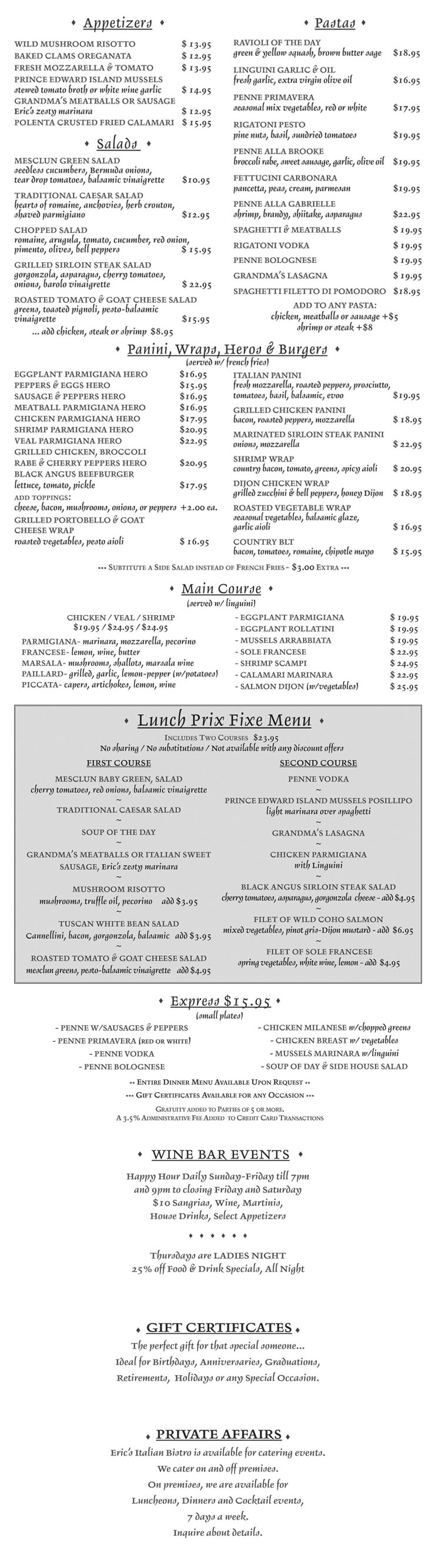 Lunch Menu Menu Eric's Italian Bistro Modern & Italian Cuisine
