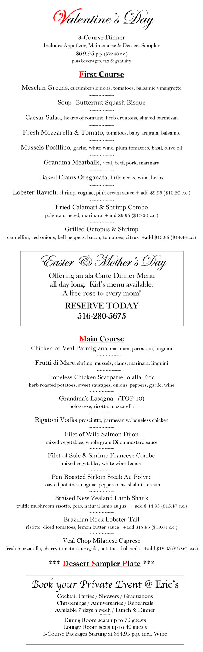 Eric's Bistro Valentine's Menu